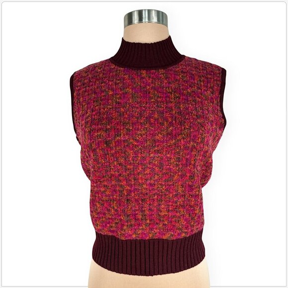 St. John Burgundy Pink Mottled Knit High Neck Sleeveless Vest Sweater Top Size P - Picture 1 of 6
